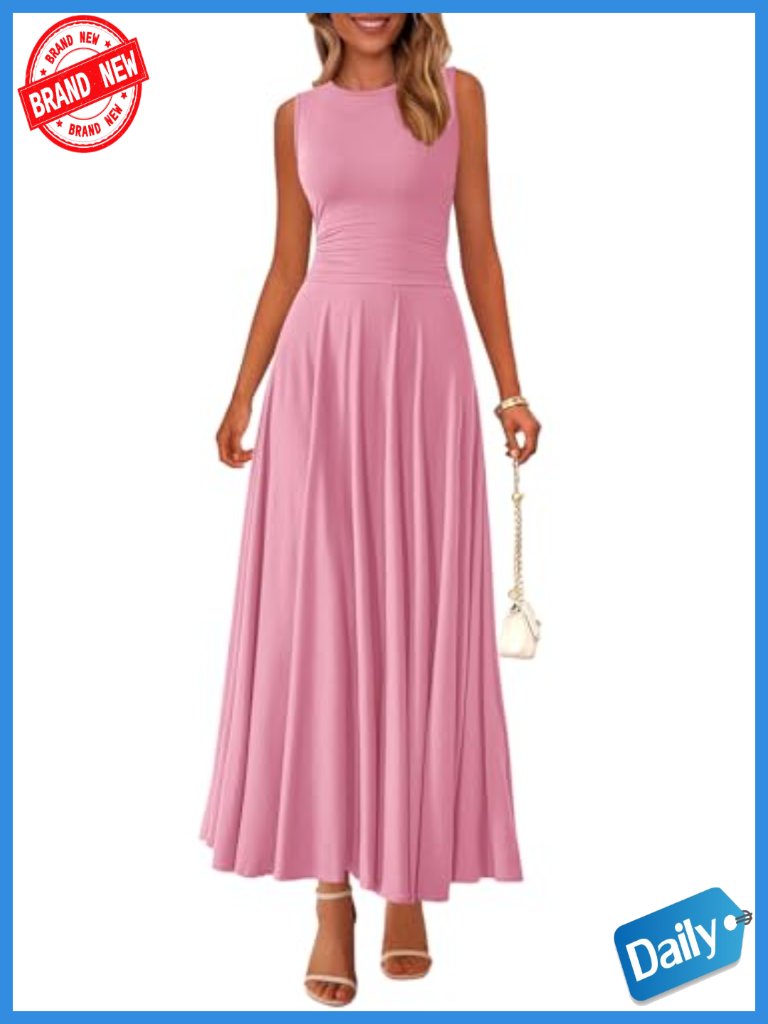 Sleeveless Crewneck A-Line Maxi Dress With Pleated Detail